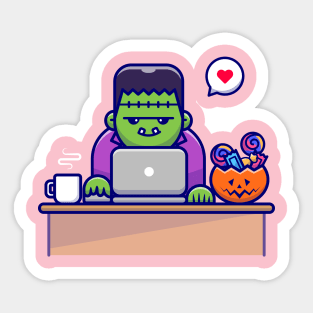 Cute Frankenstein Working On Laptop With Candy And  Coffee Cartoon Sticker